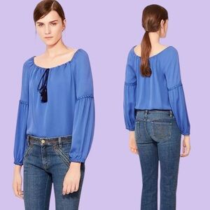 Tory Burch blue silk long sleeve fringe Slyvie blouse peasant top medium